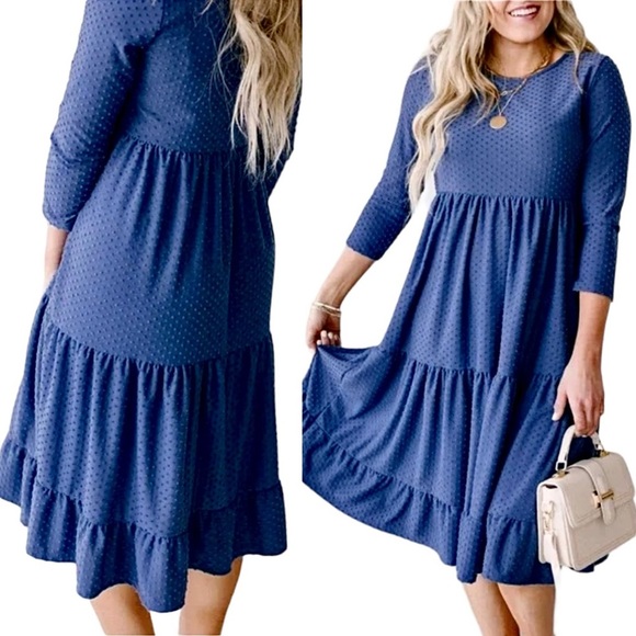 Reb in J Dress Slate Blue Swiss Dot Mid Length Tiered Skirt Long Sleeve Size L - Picture 5 of 14